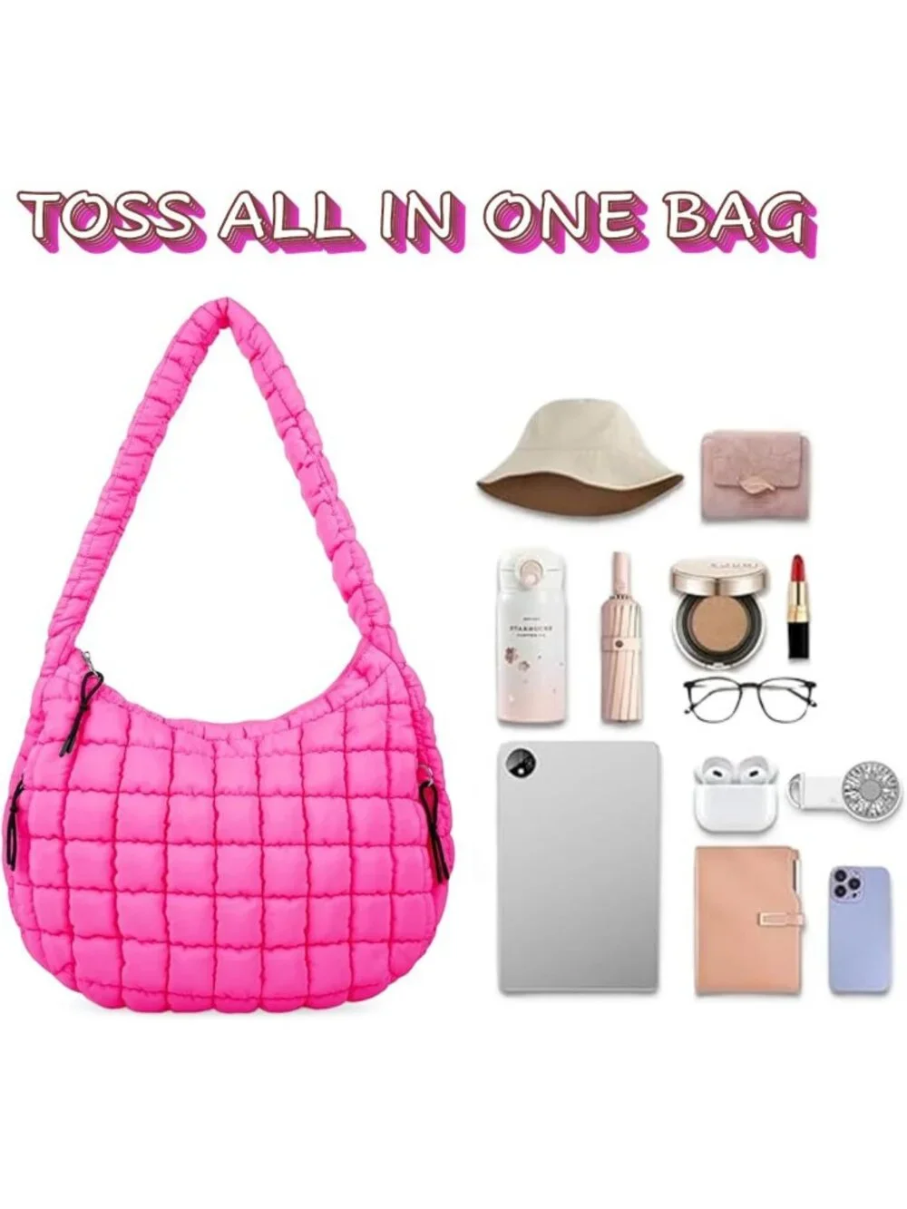 Lightweight Quilted Puffer Hobo Bag, Large Nylon Crossbody Tote with Zipper